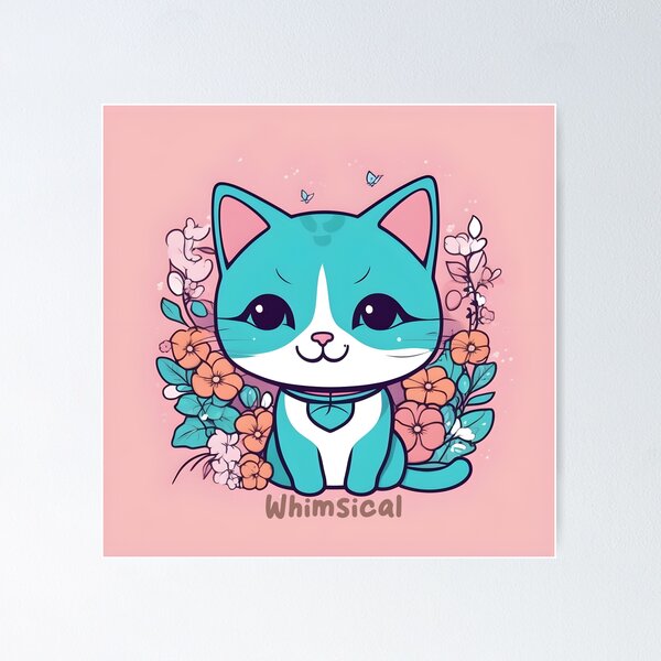 Item preview, Aqua Kawaii Cat with Floral Accents designed and sold by inkArtistryfine.