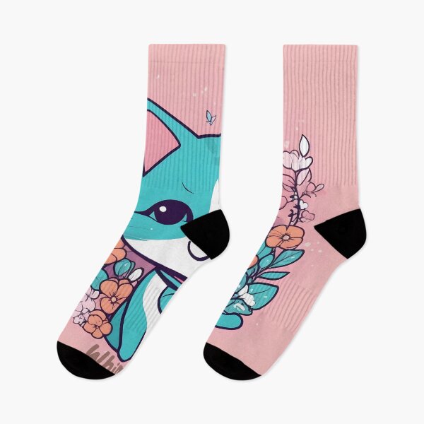 Item preview, Aqua Kawaii Cat with Floral Accents designed and sold by inkArtistryfine.