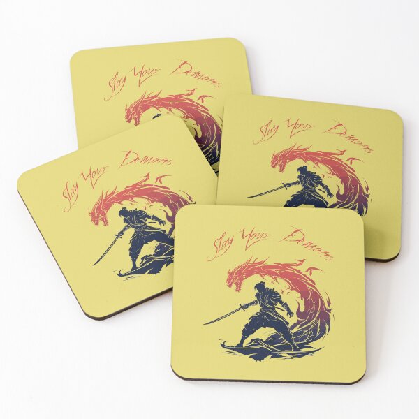 Item preview, Samari warrior solider holding sword slaying dragon, "Slay your demons", graphic art style, anime style, tattoo style  designed and sold by FantasyFair.
