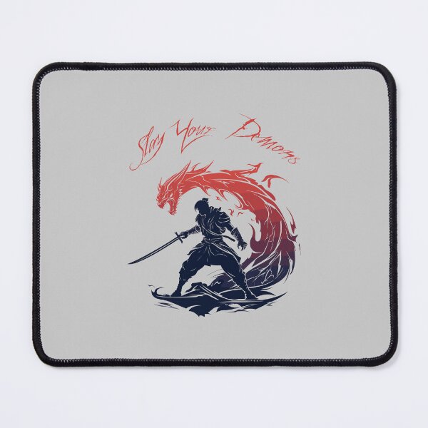 Item preview, Samari warrior solider holding sword slaying dragon, "Slay your demons", graphic art style, anime style, tattoo style  designed and sold by FantasyFair.