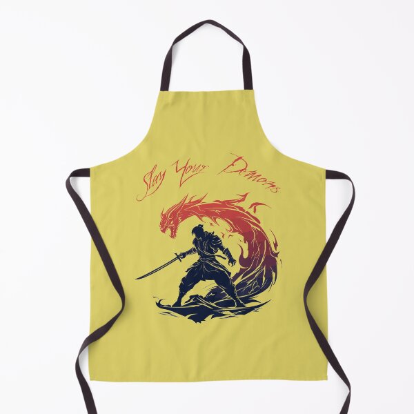 Item preview, Samari warrior solider holding sword slaying dragon, "Slay your demons", graphic art style, anime style, tattoo style designed and sold by FantasyFair.