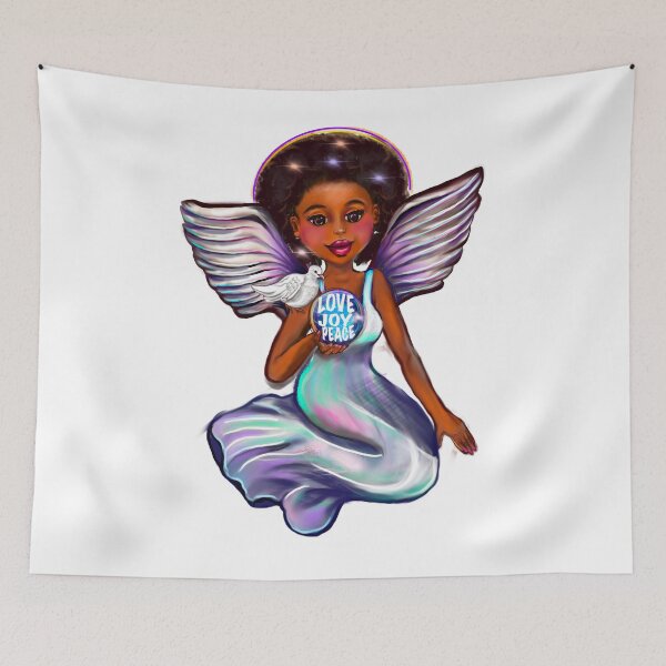 Item preview, Angel with dove love joy and peace iii - Black African american angel of peace ! With glow, Afro hair, green eyes, Cherry pink lips and dark brown skin. Hair love ! designed and sold by Artonmytee.