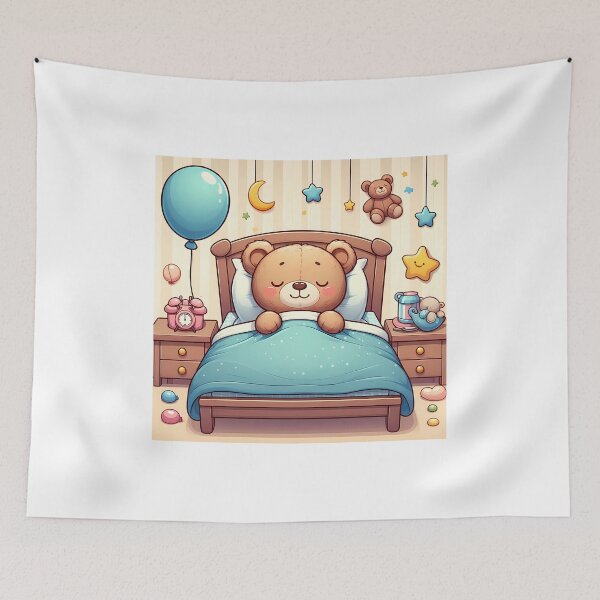 Item preview, cute teddy sleeps contentedly in his bed designed and sold by CreativeSparkzz.