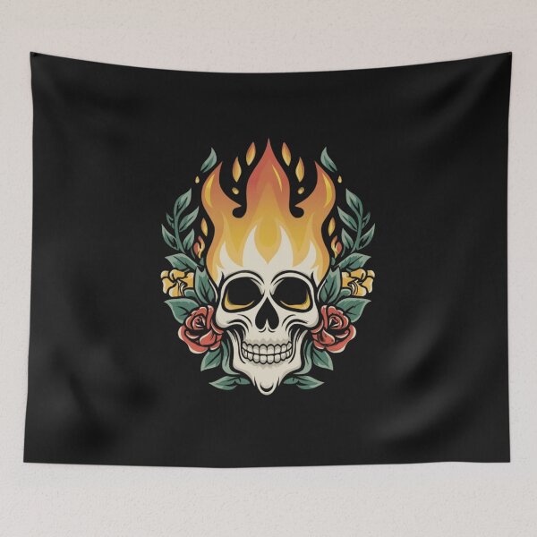Item preview, American Traditional Flaming Skull Tattoo designed and sold by Goku Creations.