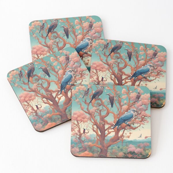 Item preview, landscape misshapen trees in bloom, exotic plants in bloom, birds of prey in the sky designed and sold by janjacbu.