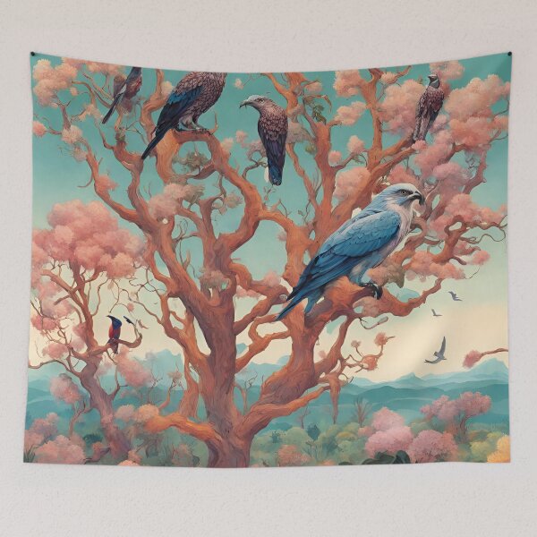 Item preview, landscape misshapen trees in bloom, exotic plants in bloom, birds of prey in the sky designed and sold by janjacbu.