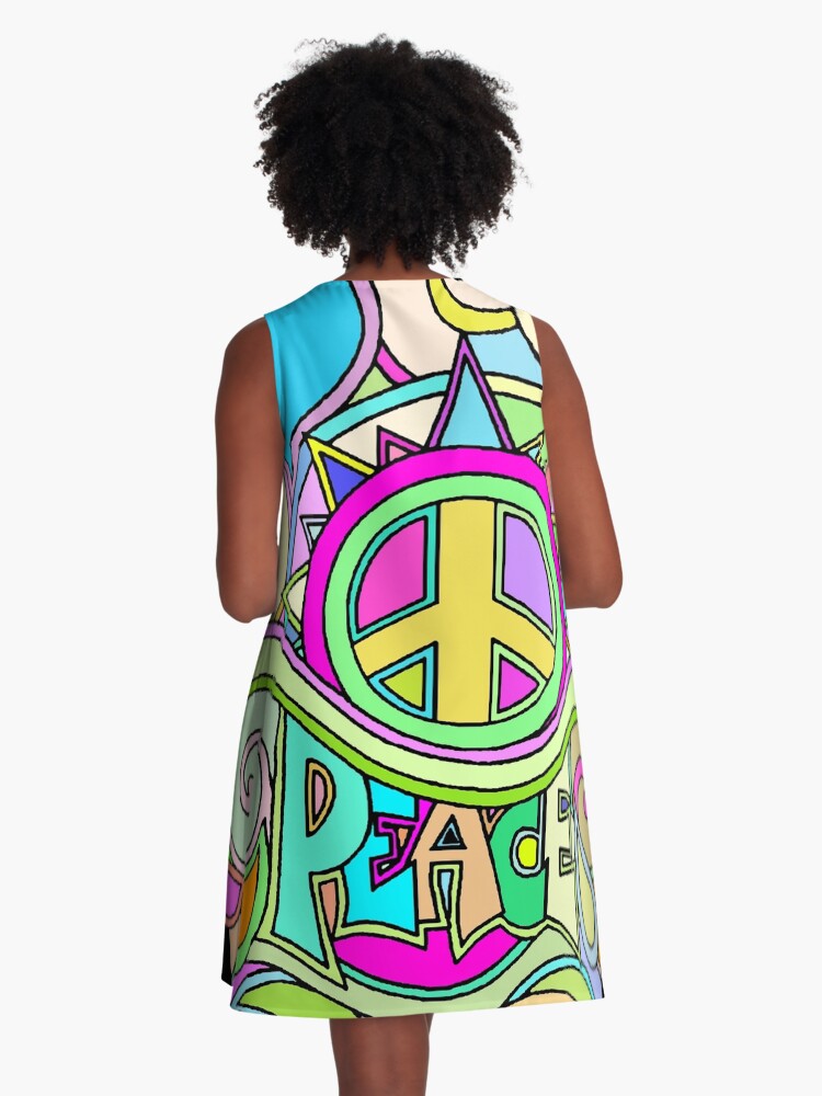 Thumbnail 3 of 4, A-Line Dress, Psychedelic Hippy Retro Peace Art designed and sold by Alondra.