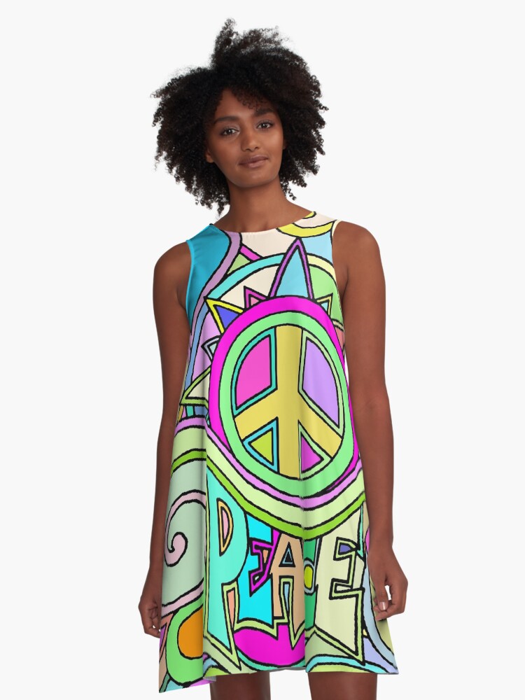 Thumbnail 1 of 4, A-Line Dress, Psychedelic Hippy Retro Peace Art designed and sold by Alondra.