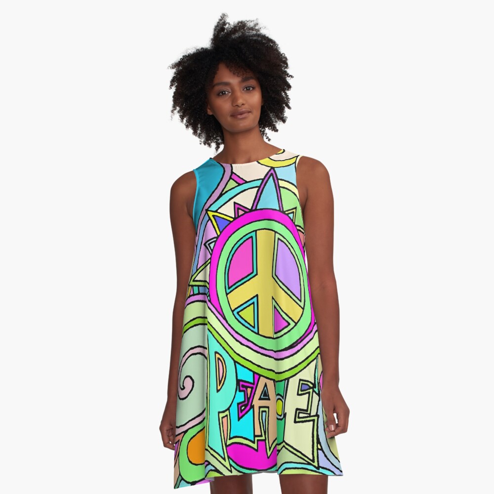 Psychedelic Hippy Retro Peace Art A-Line Dress
