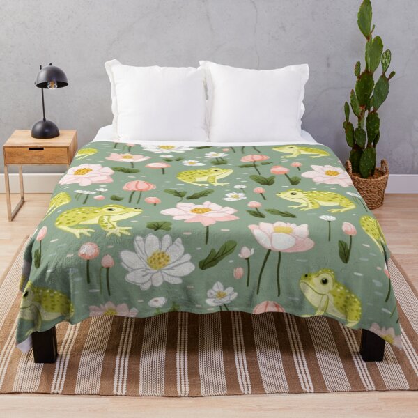 Item preview, Cute Green Frogs Delight in a White and Pink Lotus Pond - Whimsical Wildlife Pattern designed and sold by sweet1342.