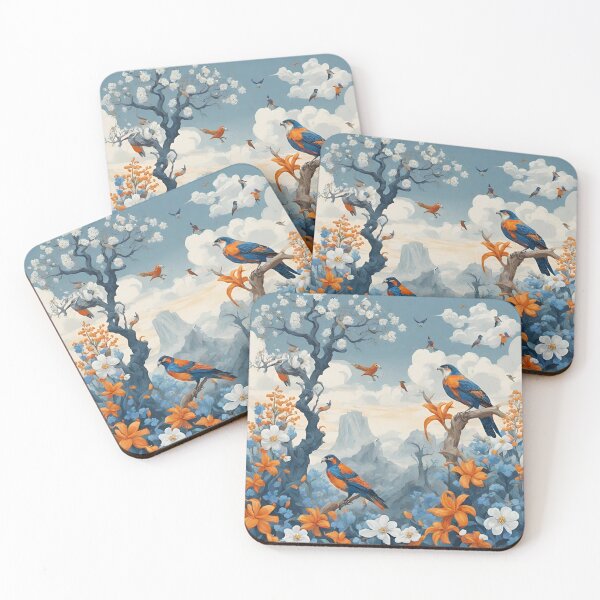 Item preview, landscape with misshapen trees with white and blue flowers, exotic plants with orange flowers, birds of prey in the sky designed and sold by janjacbu.