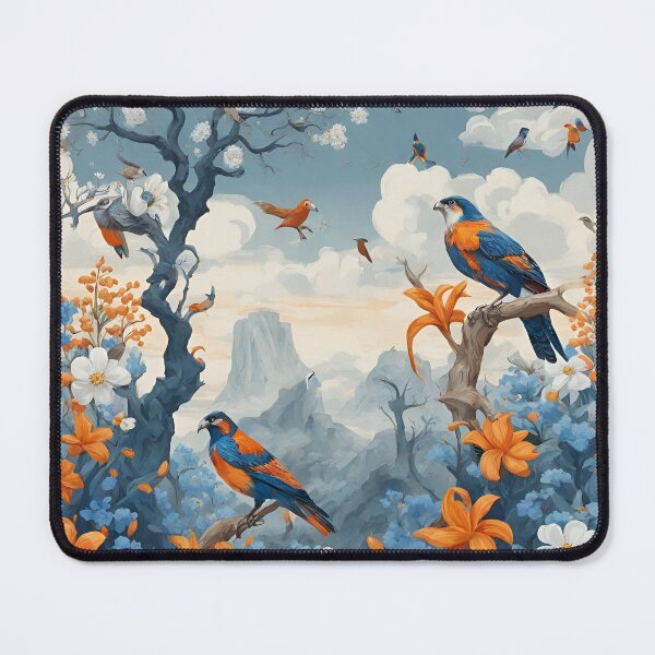 Item preview, landscape with misshapen trees with white and blue flowers, exotic plants with orange flowers, birds of prey in the sky designed and sold by janjacbu.