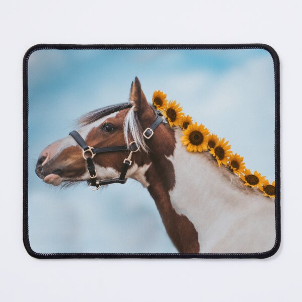 Item preview, Skewbald Pony Decorated With Sunflowers in her Mane against a Blue Sky designed and sold by may whiston.