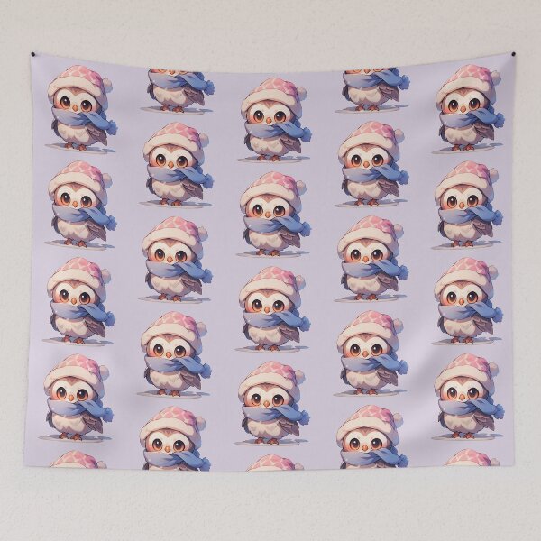 Item preview, Cute Kawaii Anime Owl Playing in the Snow in Pink and Purple Pastel designed and sold by CozyKawaiiArt.