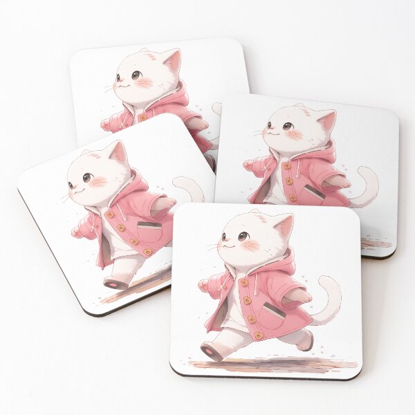 Item preview, Joyful walking cat wearing a pink coat in anime style designed and sold by Arliju.