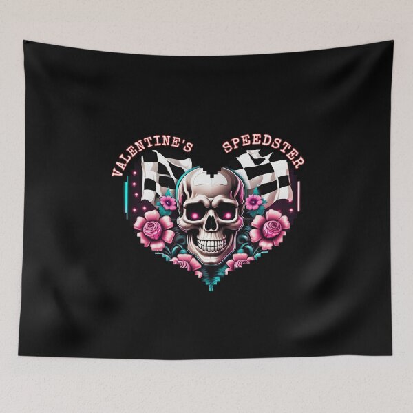 Aperçu de l'œuvre Saint Valentin Speedster Coeur Saint Valentin Amour Crâne Courses Drapeau à Damier Fleurs Joyeuse Saint Valentin créée et vendue par CarantinedChaos.