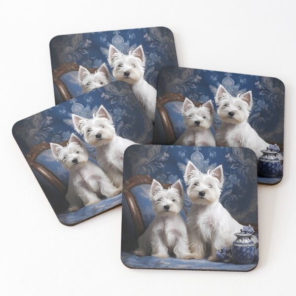 Item preview, white scottish terriers with a blue willow style background designed and sold by Kristylynn757.