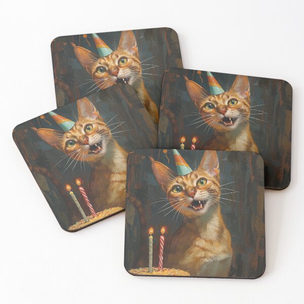 Item preview, Abyssinian Cat with party hat and birthday cake - painted style birthday card! designed and sold by OddCorro.