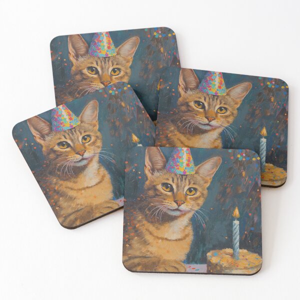 Item preview, Abyssinian Cat with party hat and birthday cake with candle designed and sold by OddCorro.