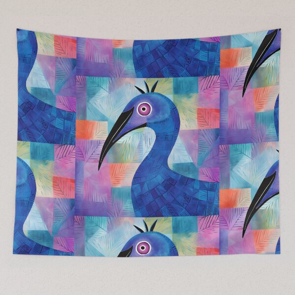 Item preview, Azure Majesty- A Symphony of Cassowary Elegance in Abstract Brushstrokes and Harmonious Blend of Blue and Vibrant Purple designed and sold by OlfactoART Studio.