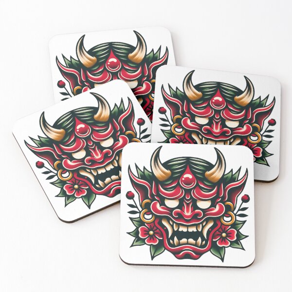 Artikelvorschau, Japanische Hannya-Maske und Blumen-Flash-Tattoo-Kunstdesign entworfen und verkauft von BrianSaysDesign.