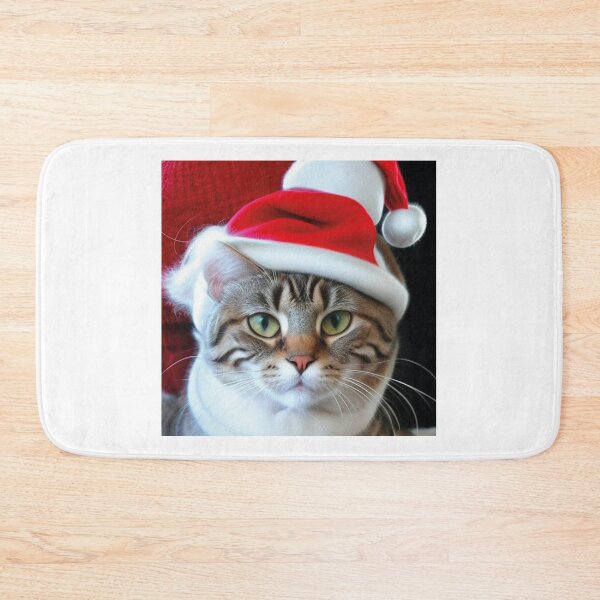 Item preview, Christmas Cat on white background. Studio portrait of a ginger cat wearing Santa Claus xmas red cap looks up. Merry Christmas. Greeting card. Happy New Year 2024. Cat with Santa hat. Copy space designed and sold by paolboa.