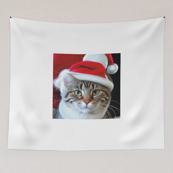 Item preview, Christmas Cat on white background. Studio portrait of a ginger cat wearing Santa Claus xmas red cap looks up. Merry Christmas. Greeting card. Happy New Year 2024. Cat with Santa hat. Copy space designed and sold by paolboa.
