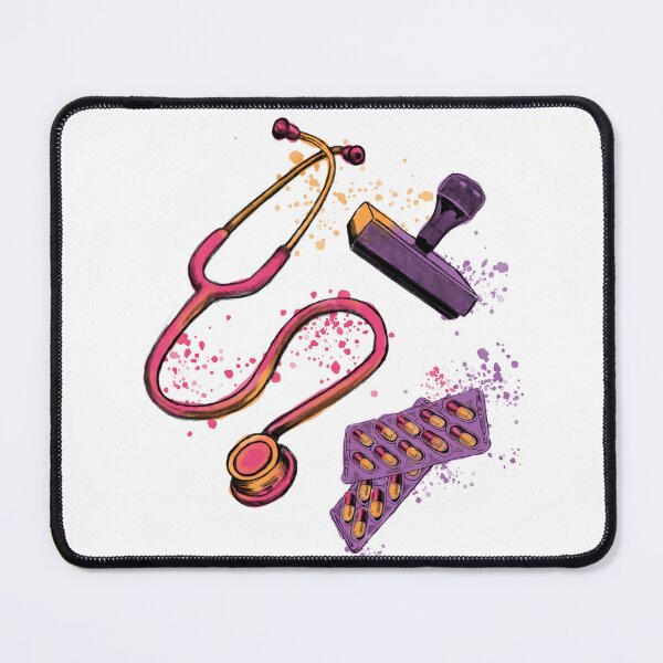 Item preview, Stethoscope, rubber stamp and pills, medical symbols for doctors and healthcare workers, vibrant watercolor designed and sold by Drawmecute.