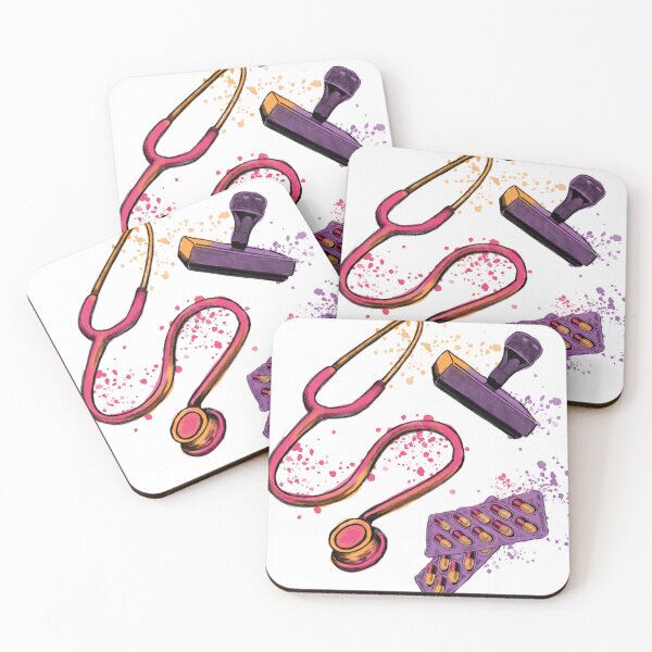Item preview, Stethoscope, rubber stamp and pills, medical symbols for doctors and healthcare workers, vibrant watercolor designed and sold by Drawmecute.