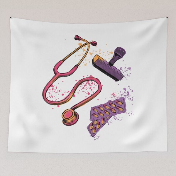 Item preview, Stethoscope, rubber stamp and pills, medical symbols for doctors and healthcare workers, vibrant watercolor designed and sold by Drawmecute.