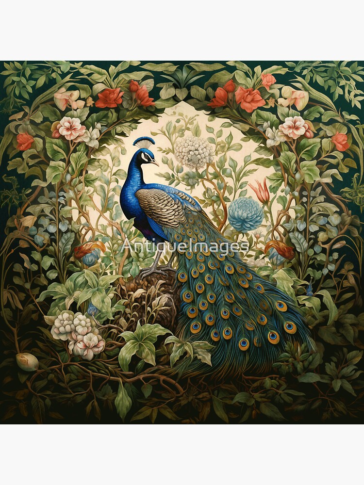 Thumbnail 3 of 3, Sticker, Peacock in a Victorian Botanical Garden designed and sold by AntiqueImages.