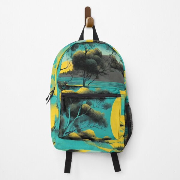 Item preview, Psychedelic seaside landscape, trees, lunar atmosphere, yellow, aqua blue, black designed and sold by janjacbu.