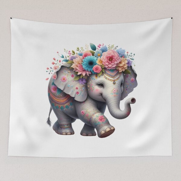Item preview, A cute elephant with beautiful colorful flowers designed and sold by CreativeSparkzz.