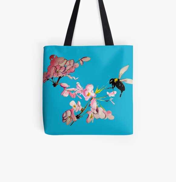 Cherry Blossom and Bee Sky Blue All Over Print Tote Bag