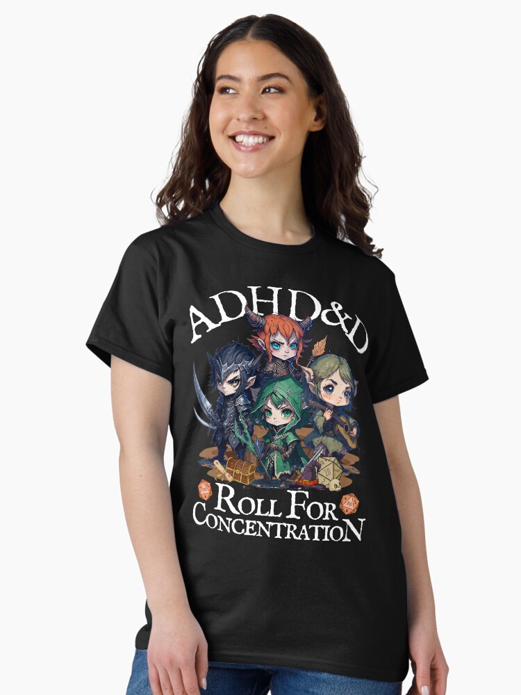 Thumbnail 1 of 7, Classic T-Shirt, ADHD dnd adventurers: roll for concentration, neurodiversity & mental health quote designed and sold by DungeonAtelier.