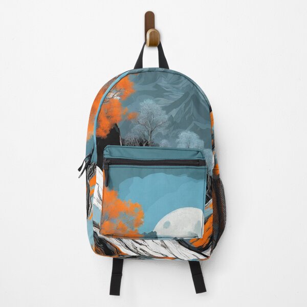Item preview, Landscape steep mountains, trees, white, light blue, black, orange colors designed and sold by janjacbu.