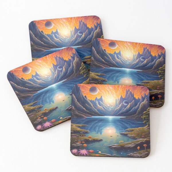 Item preview, A colorful landscape with mountains and flowers. A painting of Mountains with orange and purple clouds. designed and sold by GiveMeMood.