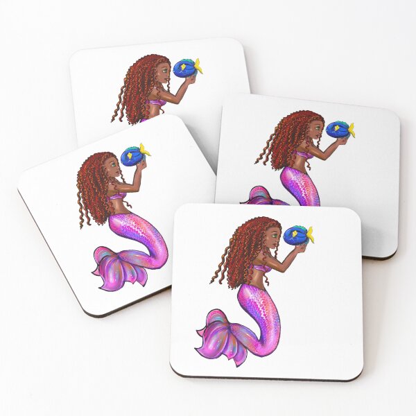 Item preview, mermaid with flowing red locs and blue tang fish,   Afro hair and brown skin. Black mermaidcore aesthetic  designed and sold by Artonmytee.