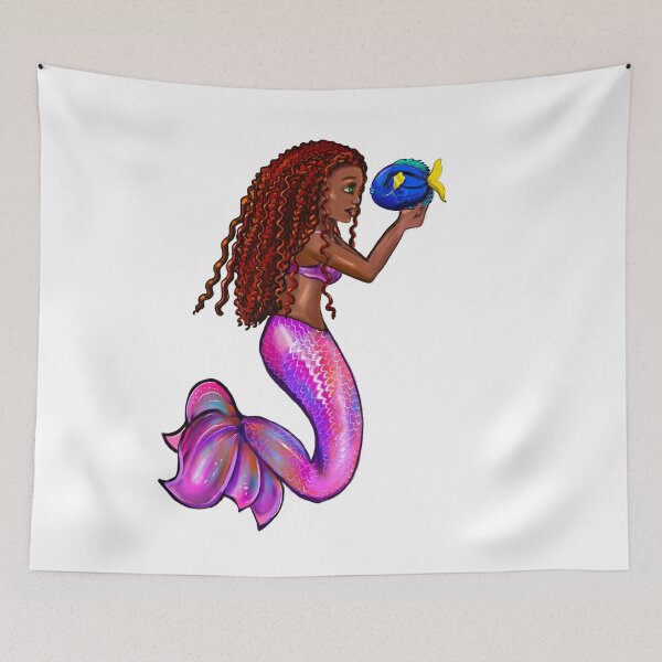Item preview, mermaid with flowing red locs and blue tang fish,   Afro hair and brown skin. Black mermaidcore aesthetic  designed and sold by Artonmytee.
