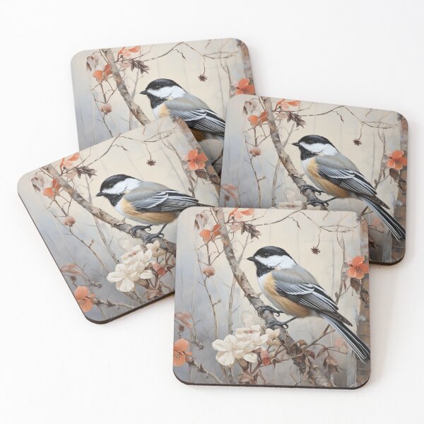 Item preview, Black Capped Chickadee on Branch in Spring Flowers designed and sold by Hartbecke.