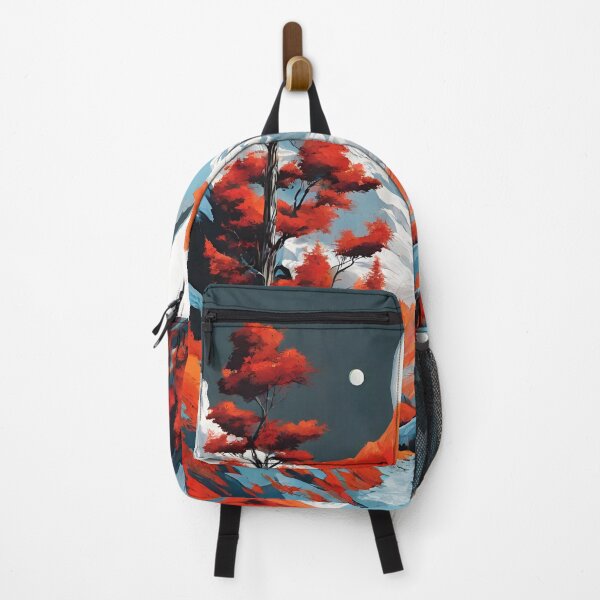 Item preview, Landscape of steep mountains, trees, white, light blue, black, bright red, orange colors designed and sold by janjacbu.