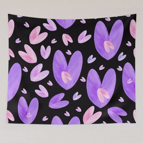 Item preview, Hand-painted Pink and Purple Watercolor Hearts on Black background designed and sold by Victoria Rose.