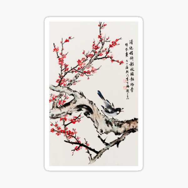 Cherry Blossoms and Bird - Traditional Chinese Ink Painting Sticker