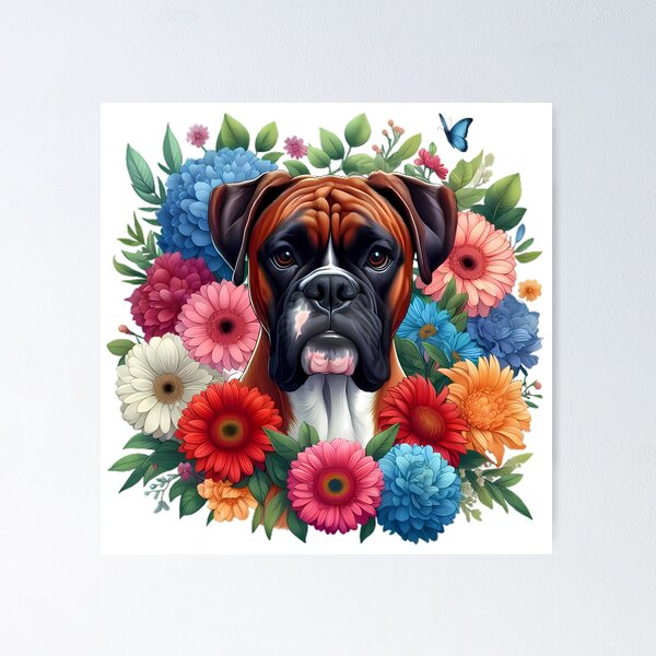 Artikelvorschau, Ein Boxer mit schönen bunten Blumen entworfen und verkauft von CreativeSparkzz.
