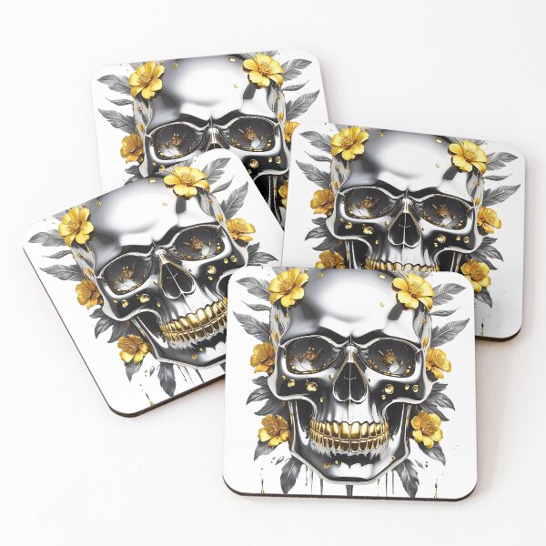 Item preview, Chrome Metallic Skull Cyberpunk Golden floral design designed and sold by BorgSpareParts.