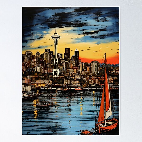 Item preview, Seattle city colorful travel vintage graphic designed and sold by wonderfulpark.