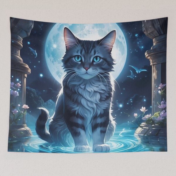 Item preview, Fantasy cat sittin under water in fullmoon night designed and sold by WhiteDoveArt.