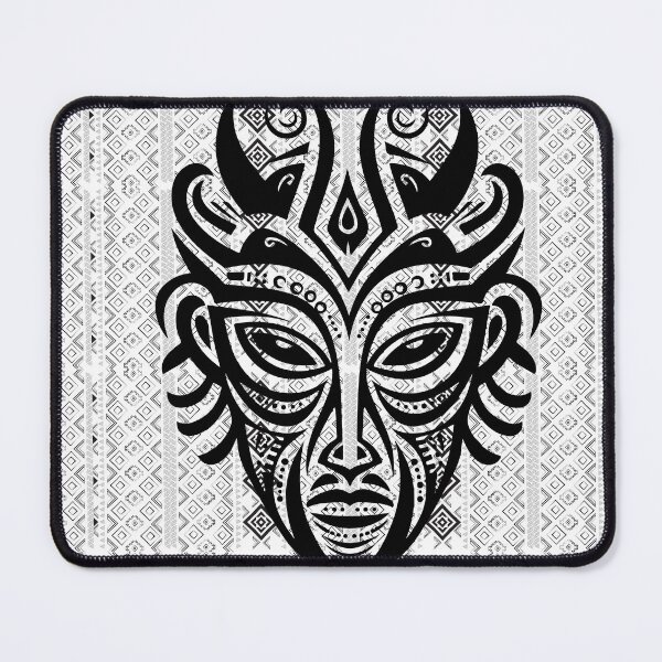 Item preview, Black drawing of tribal mask on black and white pattern designed and sold by SweetRossel.