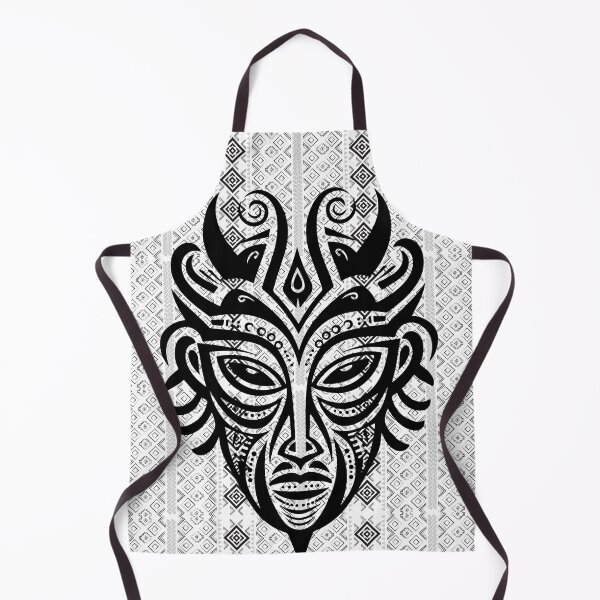 Item preview, Black drawing of tribal mask on black and white pattern designed and sold by SweetRossel.