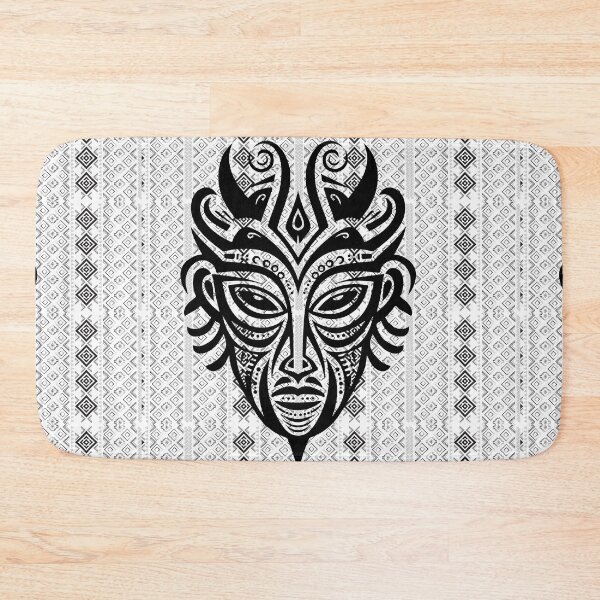 Item preview, Black drawing of tribal mask on black and white pattern designed and sold by SweetRossel.